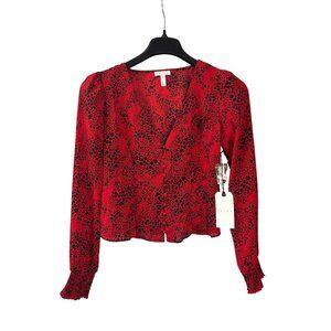 Leith Red Black Leopard Print Long Sleeve Crop Top Womens S Button Front New